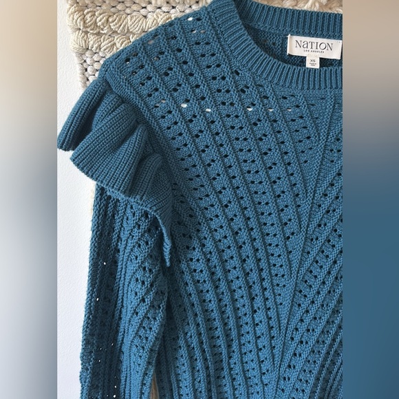 Nation LTD Kay Crochet Knit Ruffle Shoulder Pima Cotton Long Sleeve Sweater XS - Picture 4 of 6